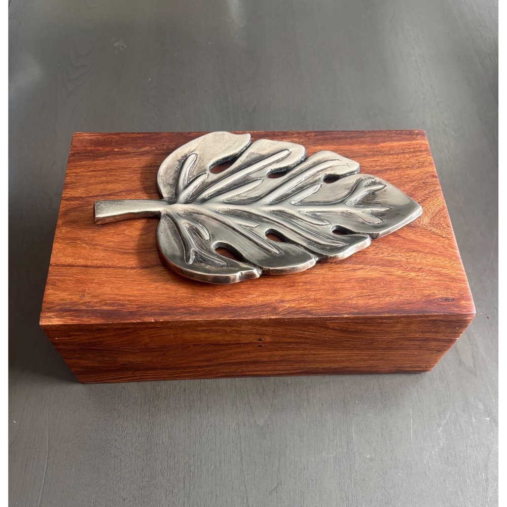 Creative Co-op Wood Box with Nickel Monstera Leaf Lid HD6710 India 10.5 inch